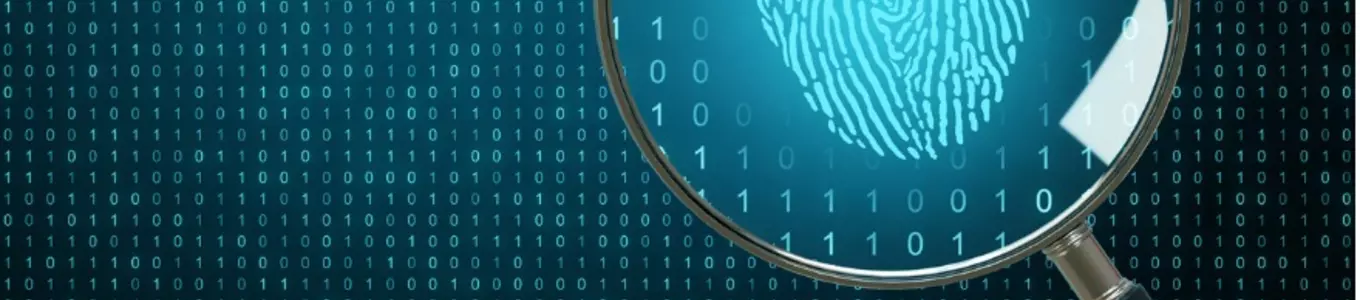 Binary code backdrop with magnifier and finger print. @istockphoto.com/peshkov